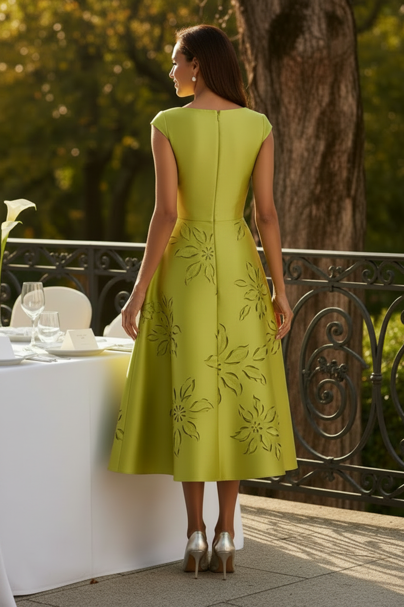 Floral Applique Jacquard A-Line Midi Dress