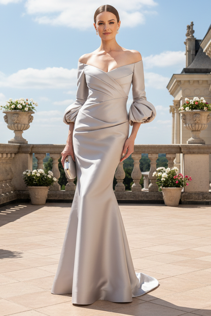 Off-the-Shoulder Mermaid Gown with Bubble Sleeves