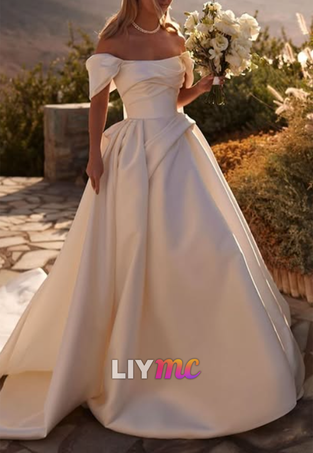 Off-the-Shoulder Draped Satin Ball Gown Wedding Dress