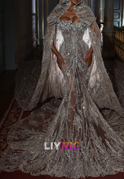 Embellished Mermaid Gown with Hooded Cape
