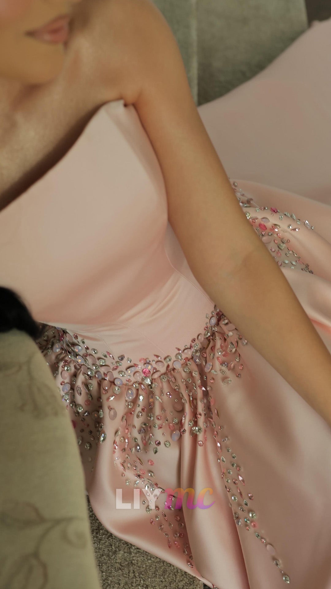 Strapless Beaded Waist Satin Ball Gown