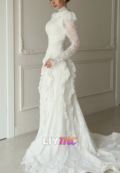 High Neck Long Sleeve Lace Wedding Dress