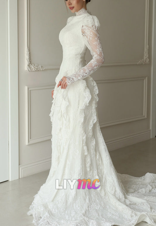 High Neck Long Sleeve Lace Wedding Dress