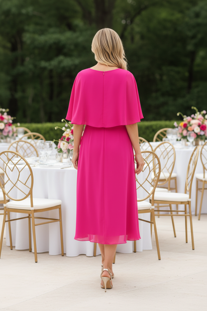 A-Line Midi Dress with Cape Sleeve Overlay