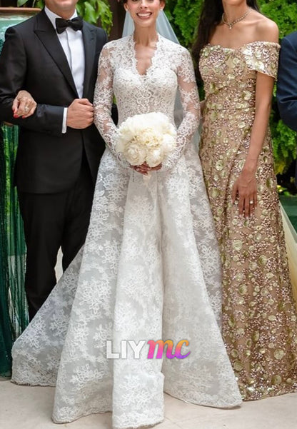 Long Sleeve Lace A-Line Wedding Dress with Train