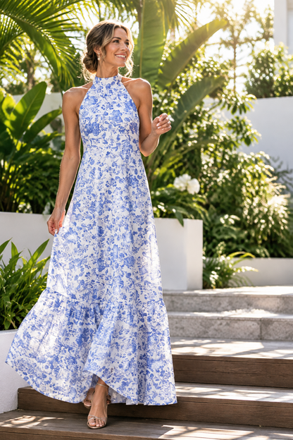 Floral Halter Maxi Dress with Bow Neck Tie