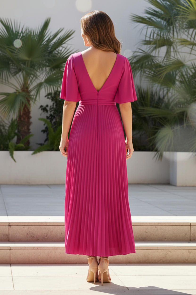 Pleated Maxi Dress with Twist Front and Flutter Sleeves