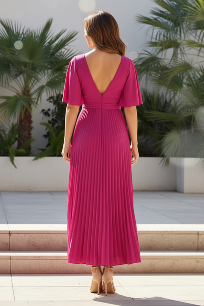 Pleated Maxi Dress with Twist Front and Flutter Sleeves
