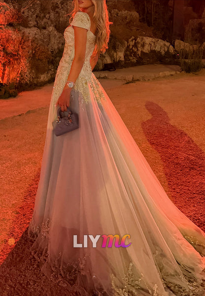 Beaded Tulle A-Line Evening Gown with Cap Sleeves