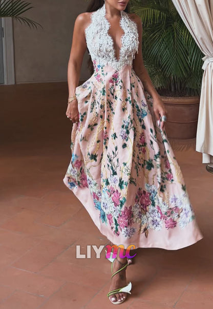 Floral Halter A-Line Maxi Dress with Lace Bodice