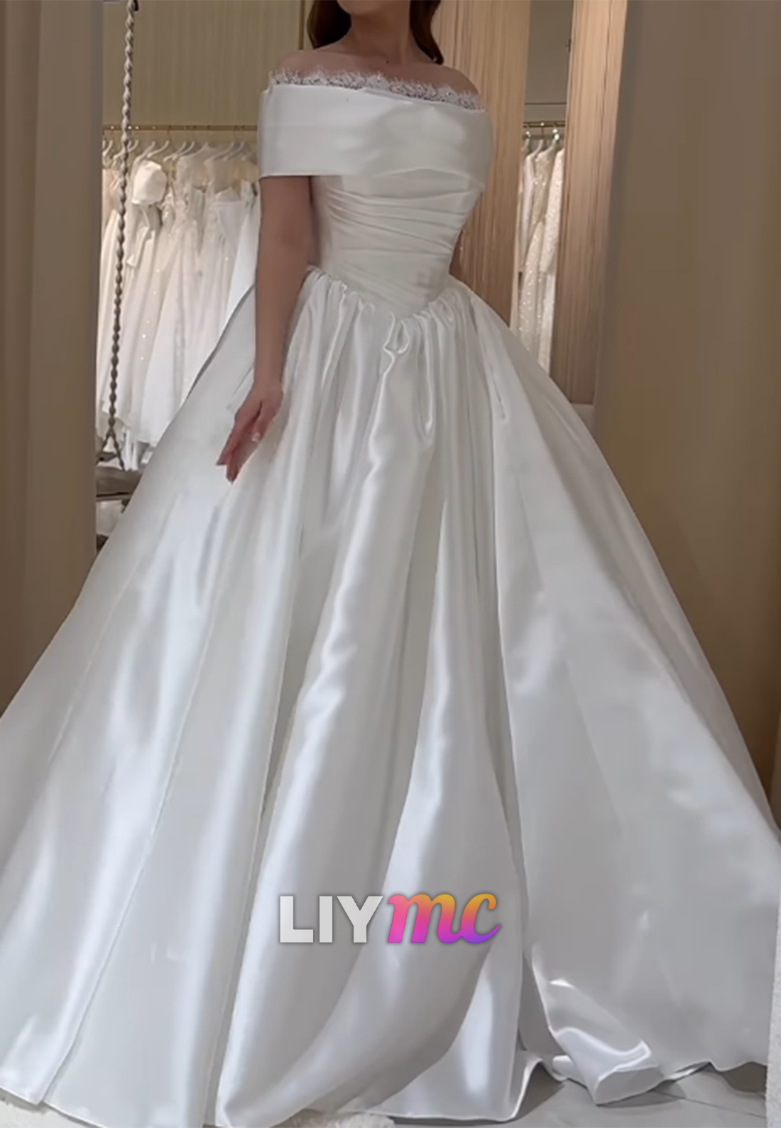 Off-the-Shoulder Pleated Satin Ball Gown