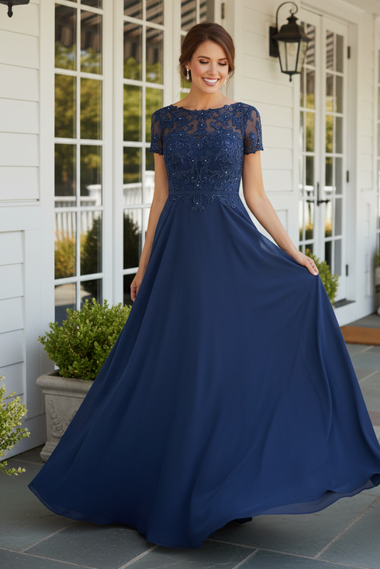 Illusion Lace A-Line Chiffon Evening Gown with Pockets