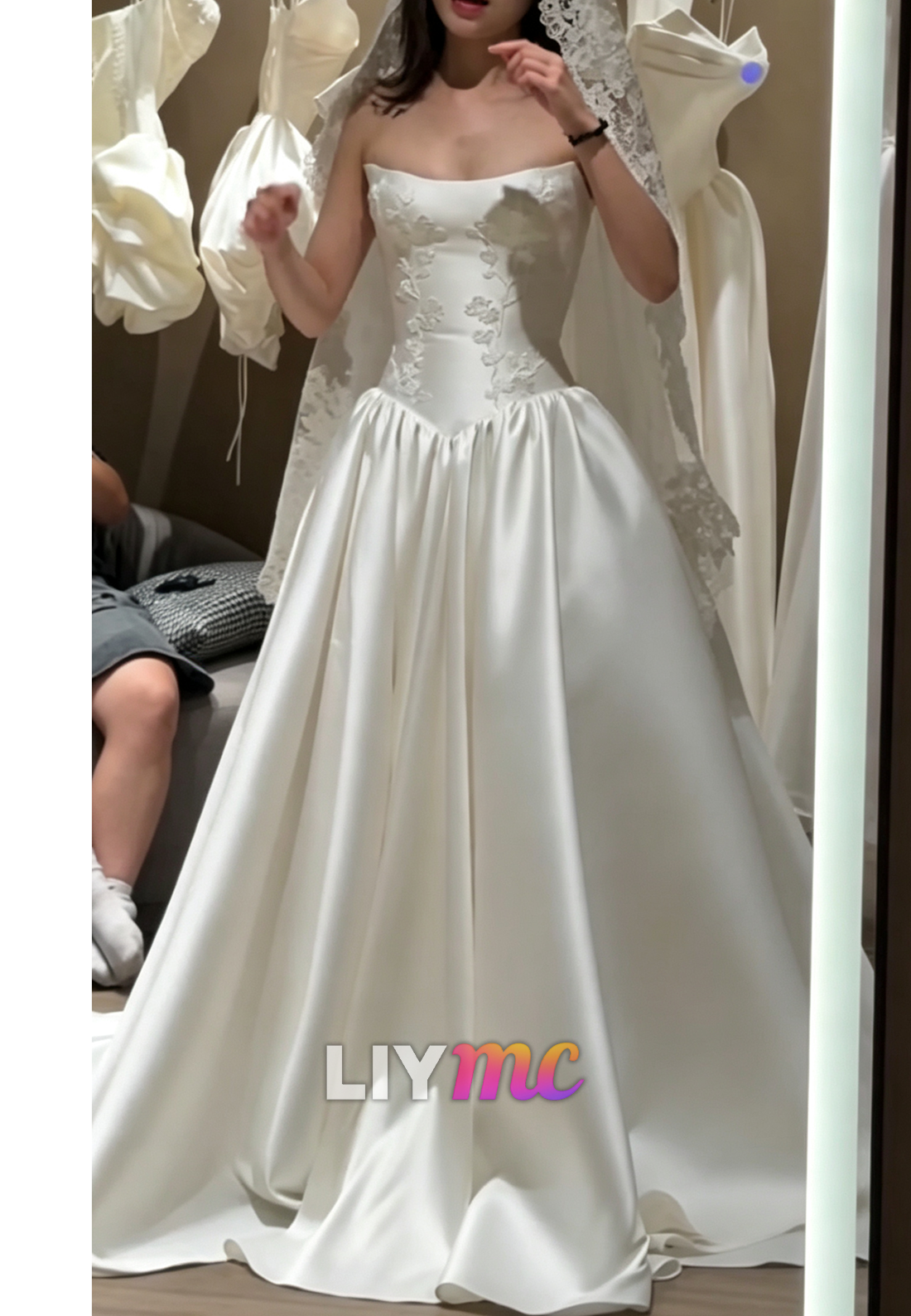 Strapless Floral Embroidered Satin Ball Gown
