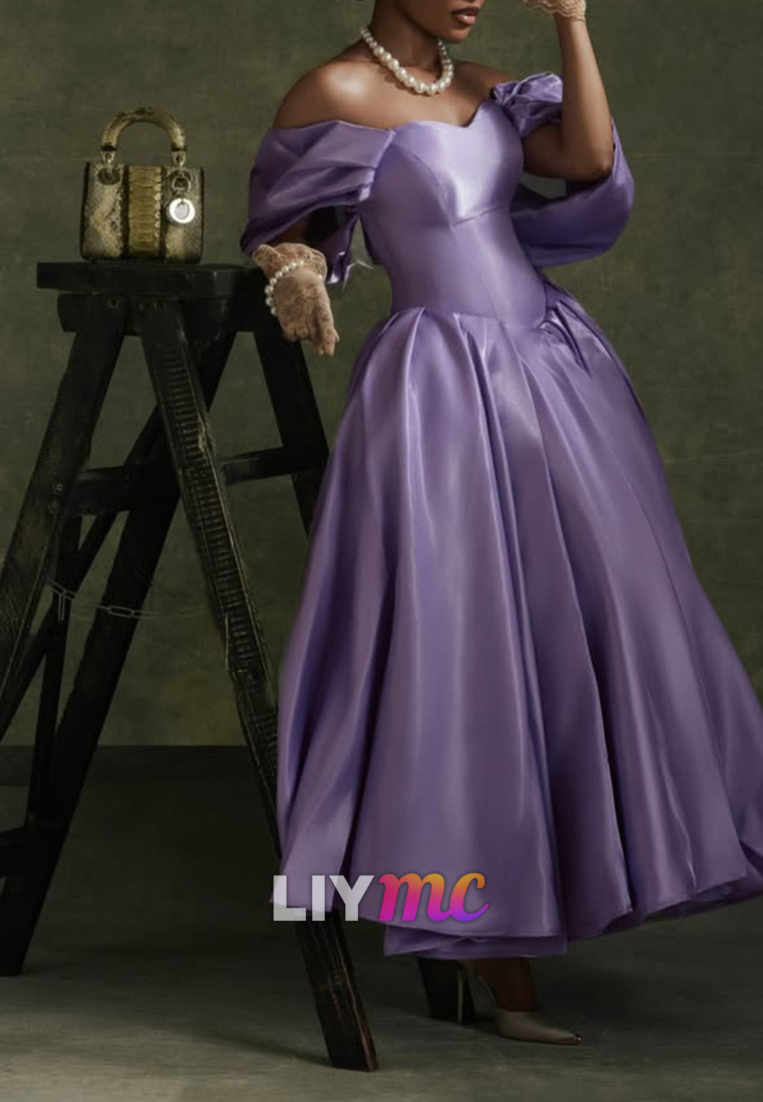 Off-the-Shoulder Puff-Sleeve Satin Gown