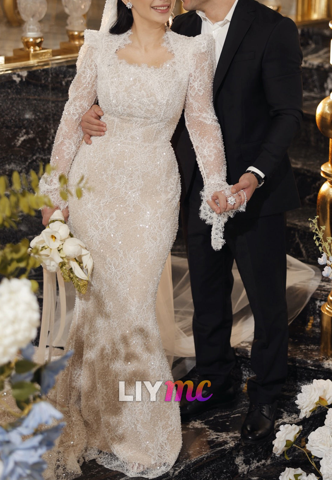 Long Sleeve Beaded Lace Mermaid Wedding Dress