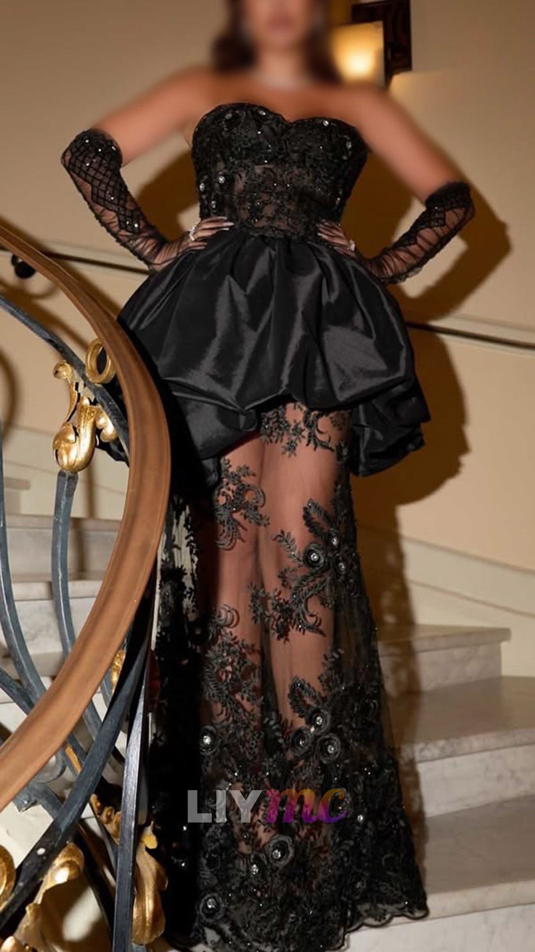 Strapless Bubble Peplum Sheer Lace Evening Gown