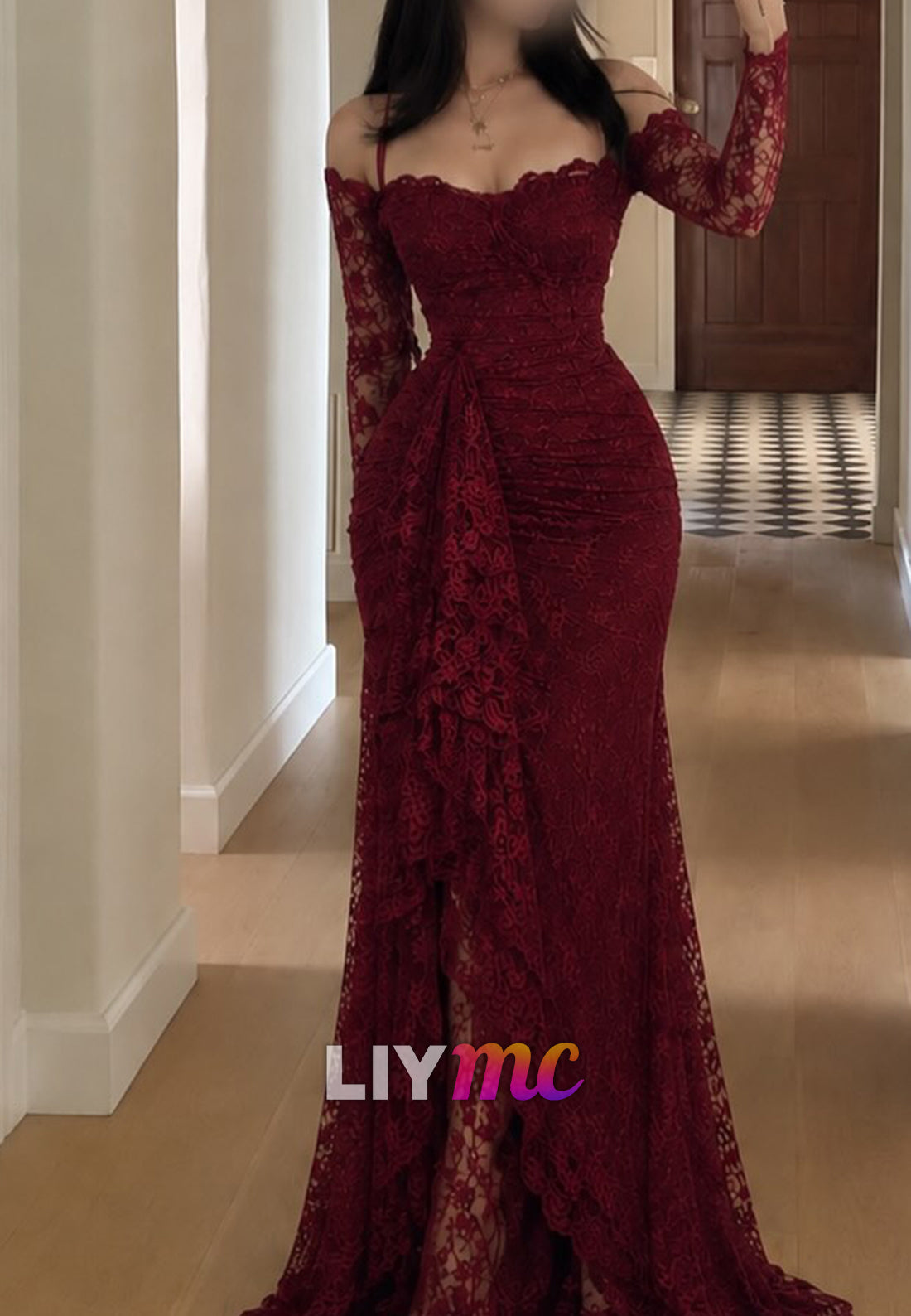 Lace Off-the-Shoulder Evening Gown with Cascading Drape