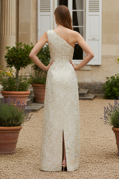 One-Shoulder Jacquard Column Gown with Side Drape
