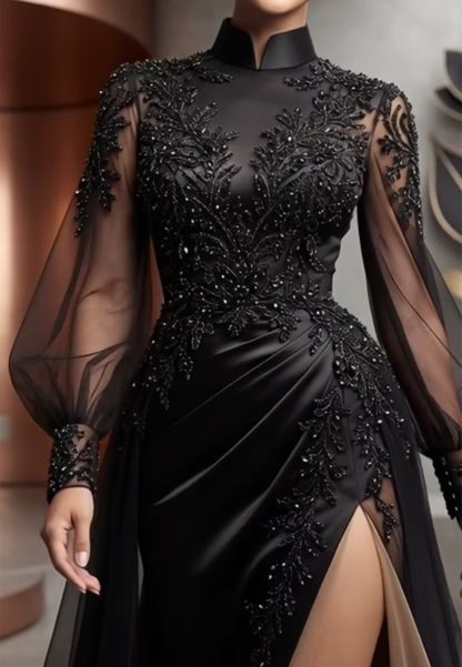 High Neck Long Sleeve Beaded Sheath Gown with High Slit