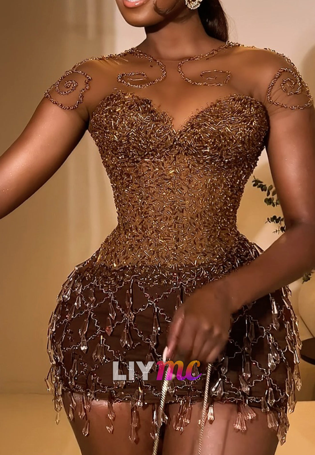 Illusion Beaded Mini Dress with Fringe