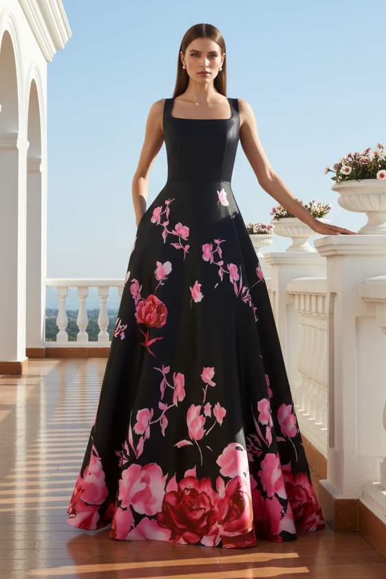 Square Neck Floral Satin A-Line Evening Gown with Pockets