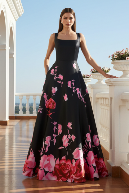 Square Neck Floral Satin A-Line Evening Gown with Pockets