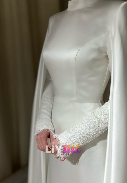 High Neck Satin Wedding Dress with Cape