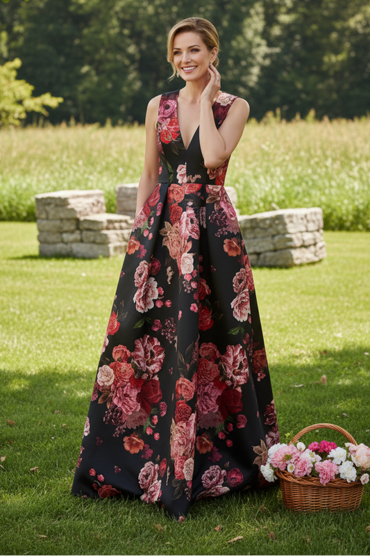 Sleeveless Floral Pleated A-Line Gown