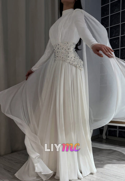 High-Neck Pleated A-Line Gown with Cape