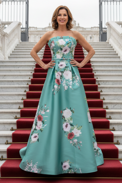 Strapless Floral Print Pleated Evening Gown