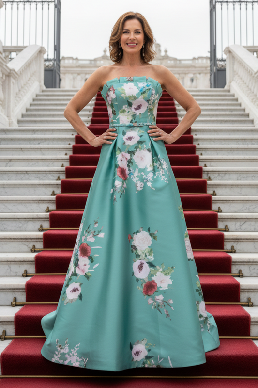 Strapless Floral Print Pleated Evening Gown