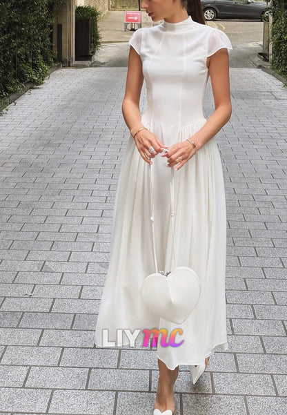 High Neck Cap Sleeve Pleated A-Line Midi Dress