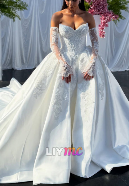 Off-Shoulder Ball Gown with Lace Sleeves & Satin Skirt