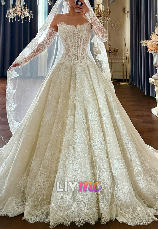 Off-Shoulder Lace Corset Ball Gown Wedding Dress