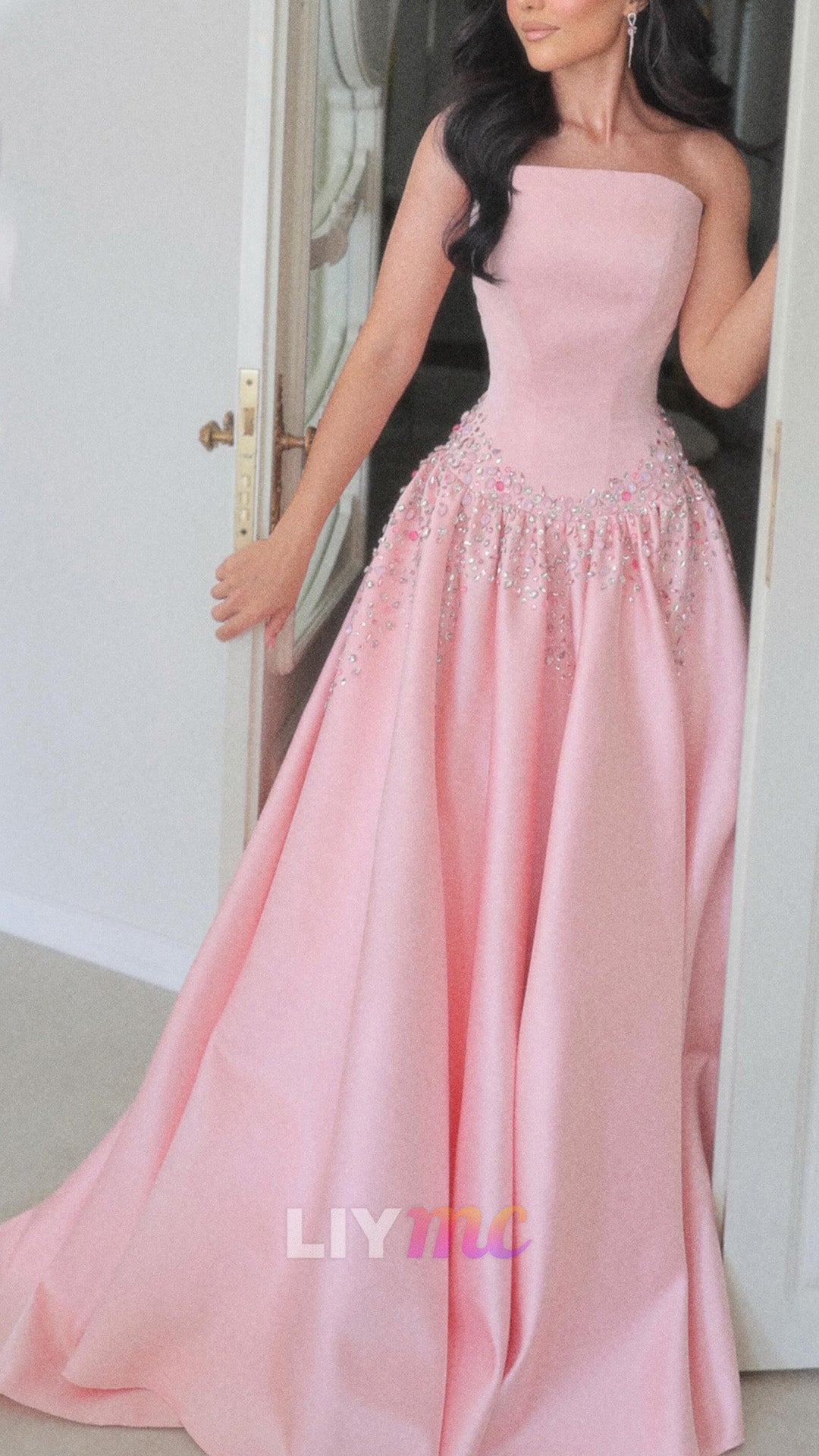 Strapless Beaded Waist Satin Ball Gown