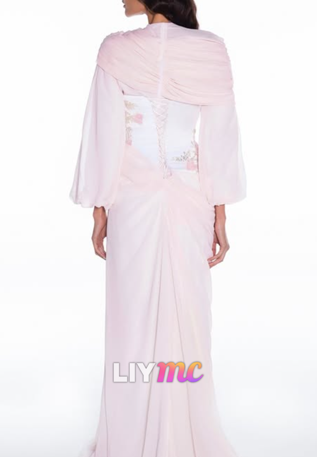 Embroidered Corset Chiffon Evening Gown with Shawl