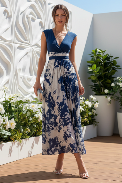 Elegant Pleated Floral Print A-Line Maxi Dress