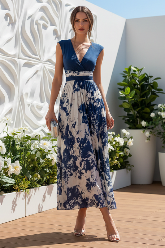 Elegant Pleated Floral Print A-Line Maxi Dress