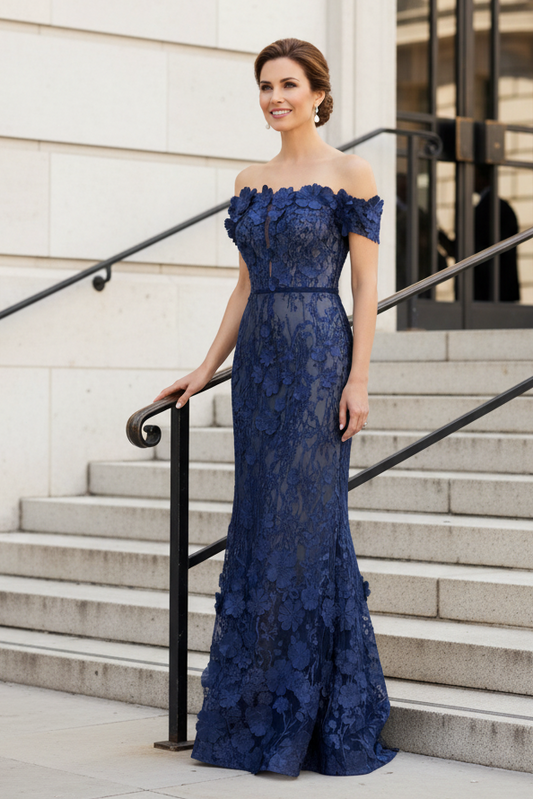 Off-the-Shoulder 3D Floral Lace Mermaid Evening Gown
