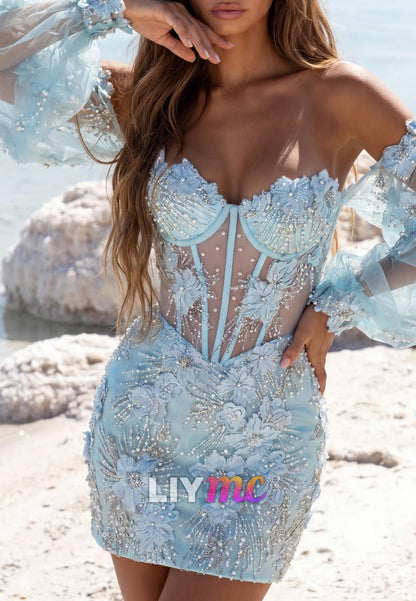 Off Shoulder Corset Mini Dress with Floral Appliques