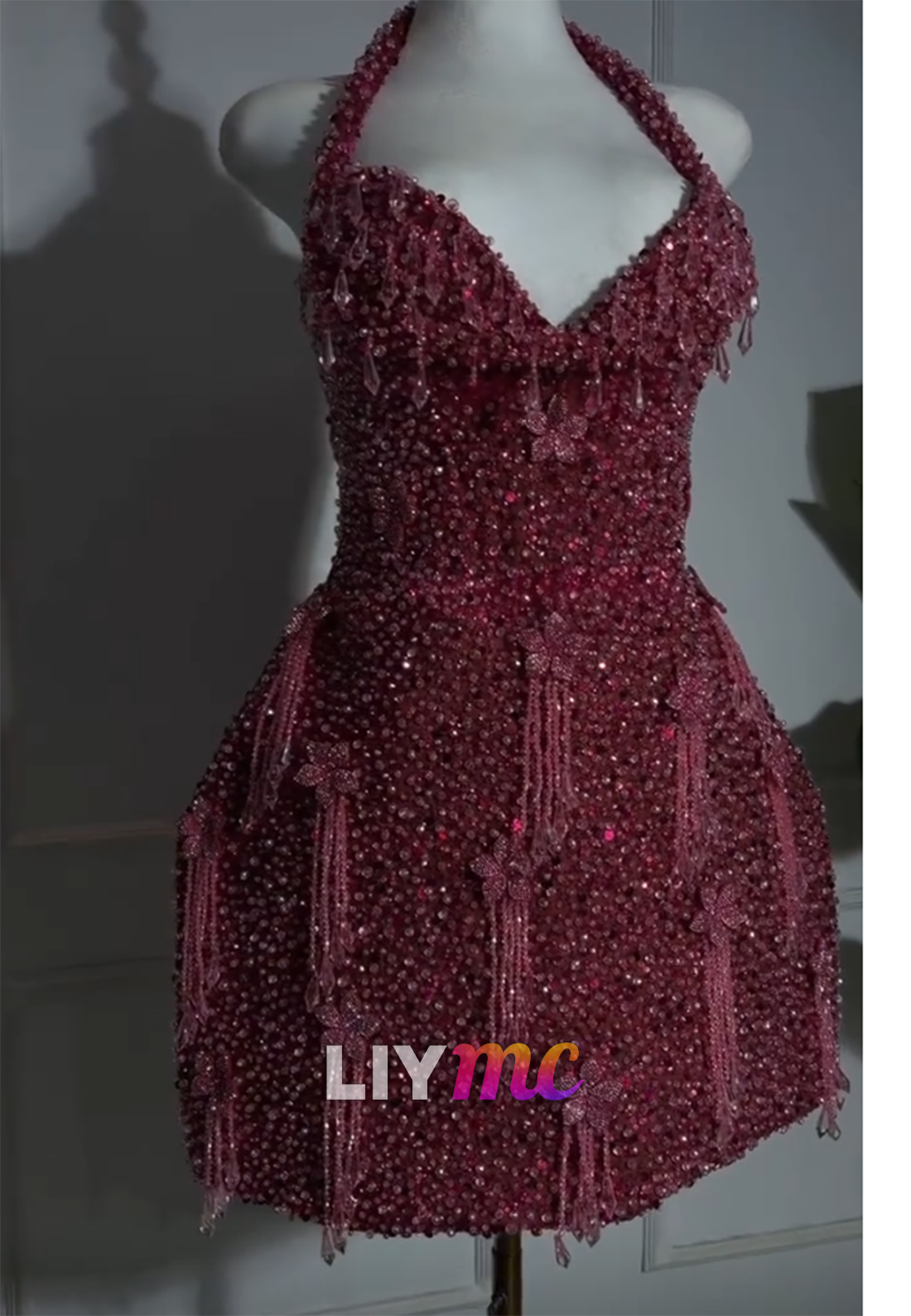 Sparkling Beaded Halter Fringe Mini Dress