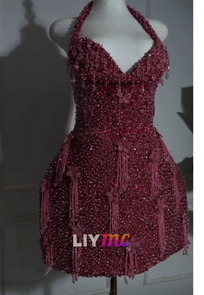 Sparkling Beaded Halter Fringe Mini Dress