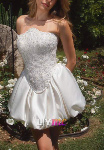 Beaded Corset Strapless Bubble Skirt Mini Wedding Dress
