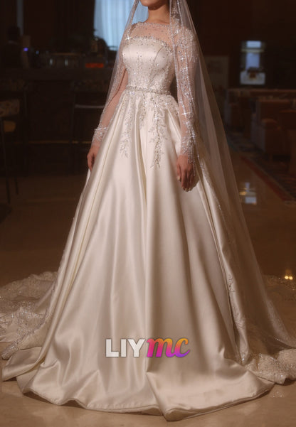 Beaded Illusion Long Sleeve Satin Ball Gown Wedding Dress