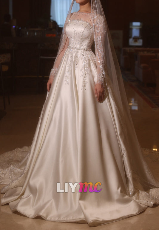 Beaded Illusion Long Sleeve Satin Ball Gown Wedding Dress