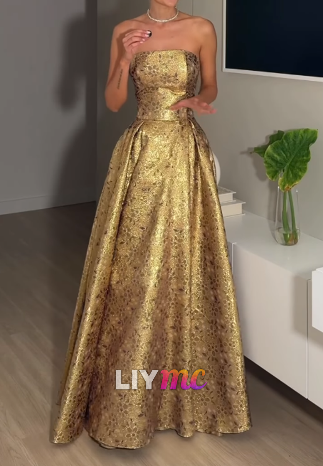 Strapless Jacquard Ball Gown with Pleated Skirt