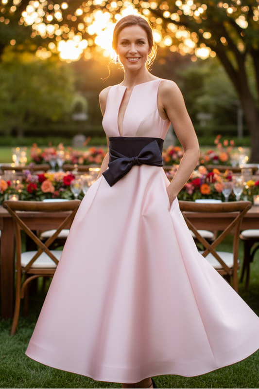Satin A-Line Tea-Length Dress with Bow Sash