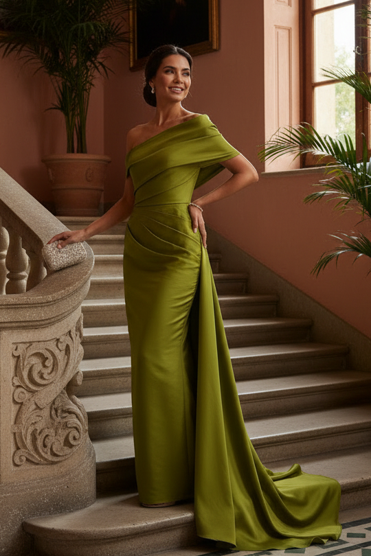 One-Shoulder Column Gown with Draped Train