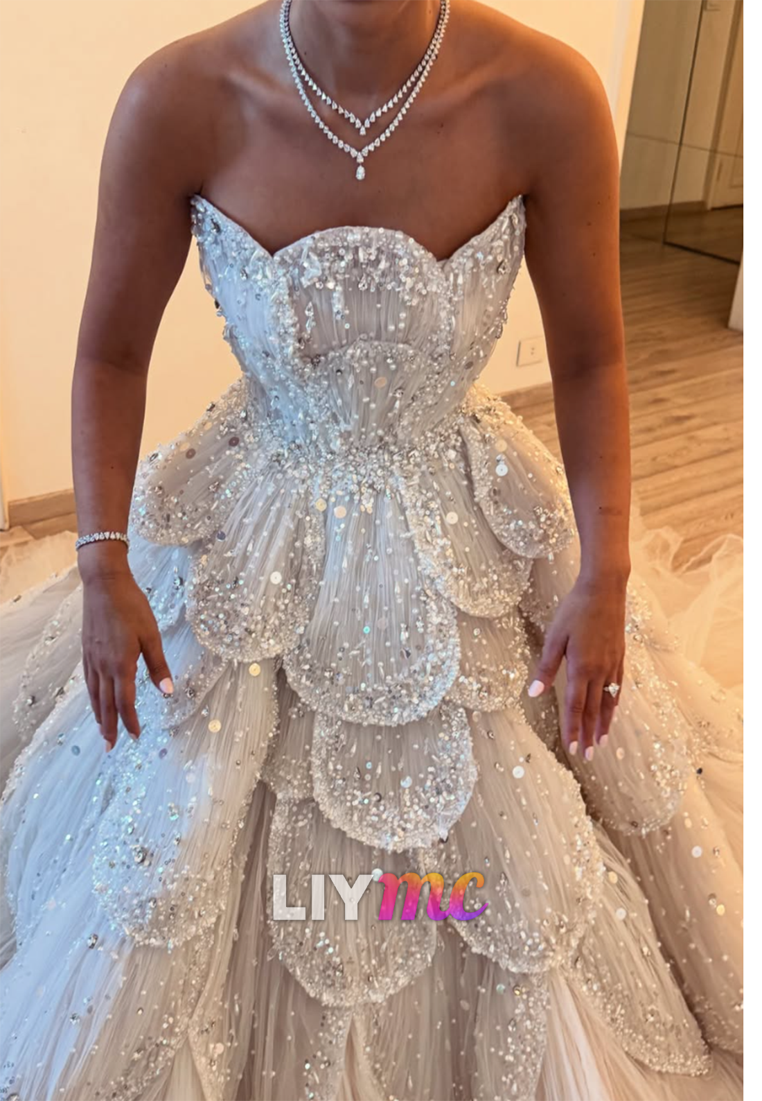 Tiered Petal Ball Gown with Beaded Scallops