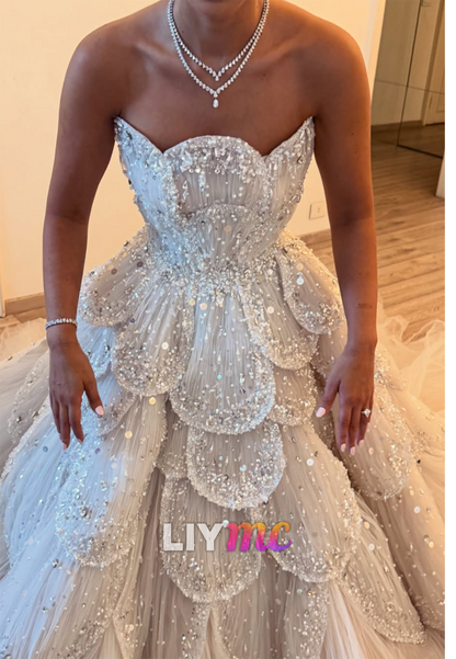 Tiered Petal Ball Gown with Beaded Scallops